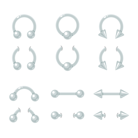 Body piercing jewelry set. Curve, barbell, spike, ball closure ring. Shiny metal earrings isolated vector illustration.のイラスト素材