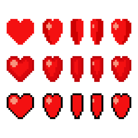 Pixel art heart animation set. 5 frame spinning 8-bit icon in different styles. Game art vector illustration.のイラスト素材