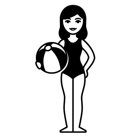Cartoon girl in swimsuit holding beach ball, black and white retro style vector illustration.のイラスト素材
