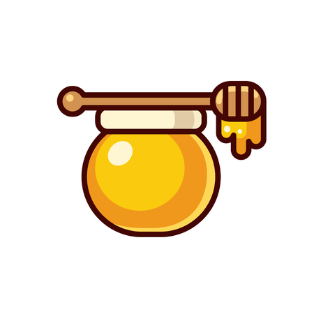 Honey jar with wooden spoon vector illustration. Modern bright cartoon icon isolated on white background.のイラスト素材