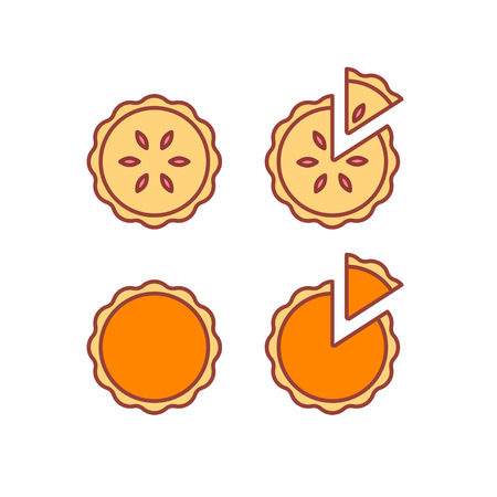 Pie icons set, isolated vector illustration. Traditional pumpkin and strawberry pies, whole and cut piece. Modern simple flat line style icons.のイラスト素材