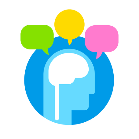 Creative idea concept illustration. Human head with brain and speech bubbles symbolizing thoughts and creativity. Simple vector icon.のイラスト素材