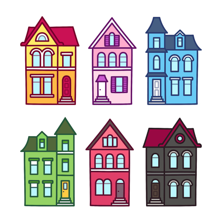Old Victorian houses, vector illustration set. Colorful hand drawn architecture elements.のイラスト素材