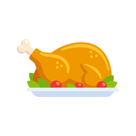 Roast turkey or chicken clip art illustration in flat cartoon vector style. Roasted poultry on plate decorated with lettuce and tomatoes.のイラスト素材