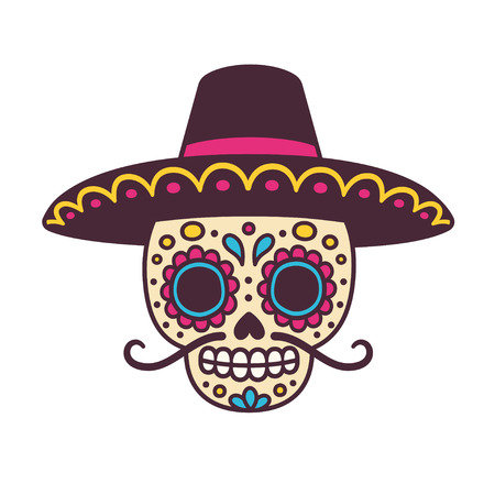 Cartoon Mexican sugar skull vector illustration for Dia de los Muertos (Day of the Dead). Cute male skull with mustache and sombrero hat.のイラスト素材