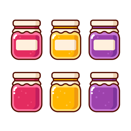 Bright cartoon jam icon set. Fruit preserves in glass jars vector illustration collection.のイラスト素材