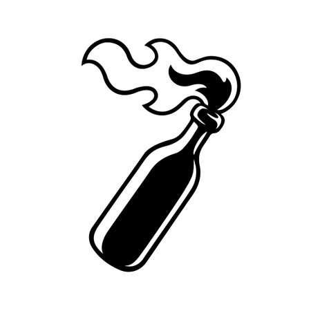 Burning molotov cocktail bottle icon or logo. Modern comic style black and white vector illustration.のイラスト素材