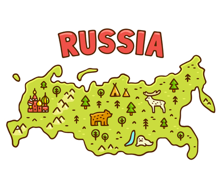 Cute cartoon map of Russia with hand drawn Moscow symbol and native animals. Funny geograpfy vector illustration.のイラスト素材