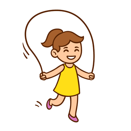 Vector illustration of cute cartoon little girl jumping rope. Child play clip art drawing.のイラスト素材