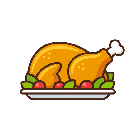Roast turkey or chicken icon, flat cartoon vector illustration. Thanksgiving day dinner.のイラスト素材