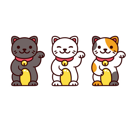 Cute cartoon Maneki Neko, Japanese lucky cats. Black, white and calico Feng Shui kitty vector illustration set.のイラスト素材