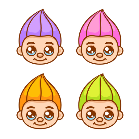 Set of cartoon anime style fantasy characters with bright hair. Cute elf or troll boys vector illustration.のイラスト素材