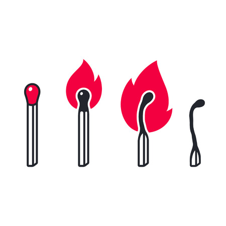 Matches and fire icons. Burning and burnt matchsticks on white background, vector illustrationのイラスト素材