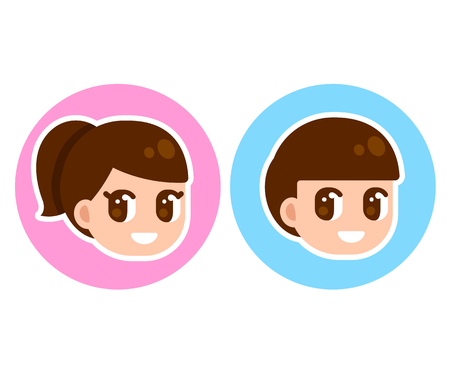 Cute anime children face in circle, boy and girl character set. Manga style cartoon illustration. Gender selection for game or website.のイラスト素材