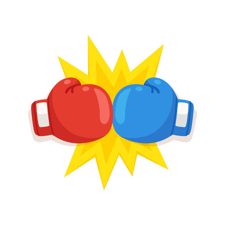 Boxing gloves fight icon, red vs blue. Battle emblem cartoon vector illustration.のイラスト素材