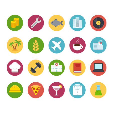 Big icon set of business and professions. Industry and service, food and production. Flat cartoon bright color vector icons.のイラスト素材
