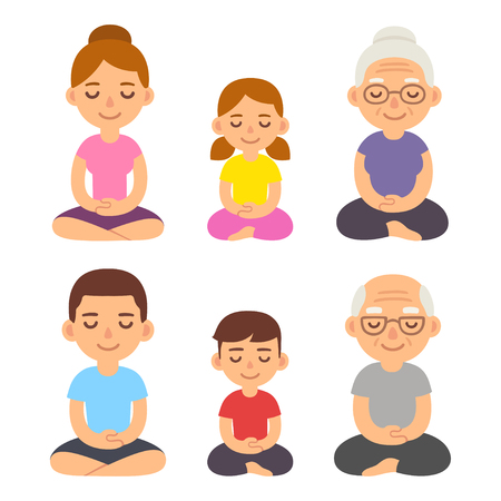 Family meditating sitting in lotus pose, children, adults and seniors. Cute cartoon meditation and mindfullness lifestyle illustration.のイラスト素材