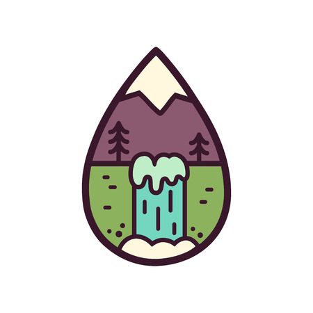 Stylized mountain and waterfall illustration inside water drop shape. Nature and outdoors vector badge.のイラスト素材