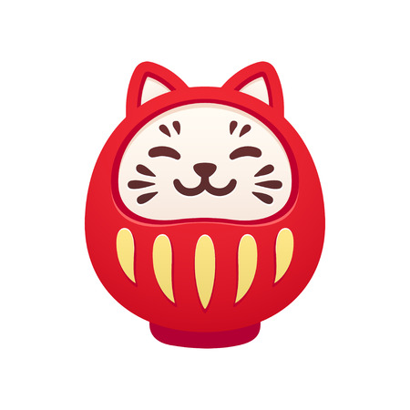 Cute cat shaped traditional Japanese Daruma doll. Kawaii smiling good luck symbol. Isolated vector illustration.のイラスト素材