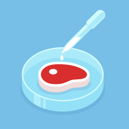 Lab grown meat illustration. Chemical dish with beef steak, synthetic meat concept.のイラスト素材