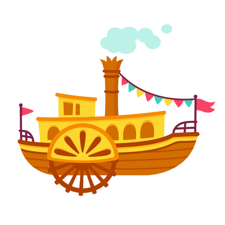 Bright cartoon retro steamboat with side paddle wheel. Old vintage ship vector illustration.のイラスト素材