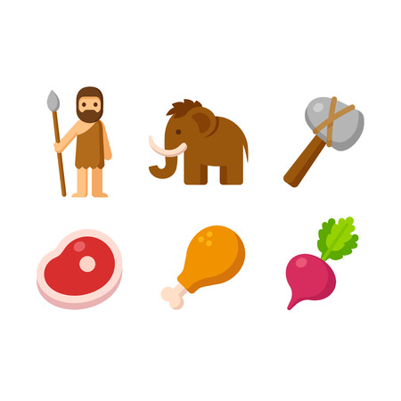 Paleo man and prehistoric food icon set.のイラスト素材
