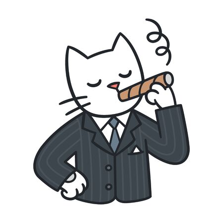 Cartoon cat in business suit smoking cigar drawing. Funny boss character vector illustration.のイラスト素材