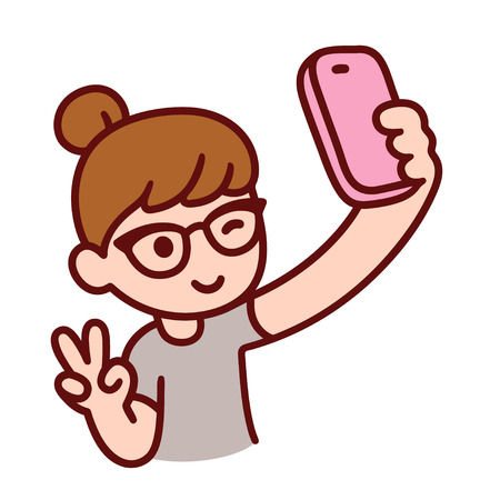Cute cartoon hipster girl with glasses takes selfie. Vector illustration.のイラスト素材