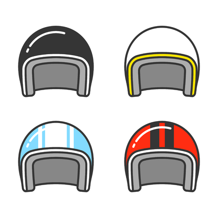 Vintage motorcycle helmet, line icon set. Classic helmets in different colors, isolated vector illustration.のイラスト素材