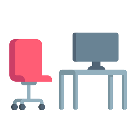 Office desk icon with computer and office chair, simple flat cartoon vector illlustration.のイラスト素材