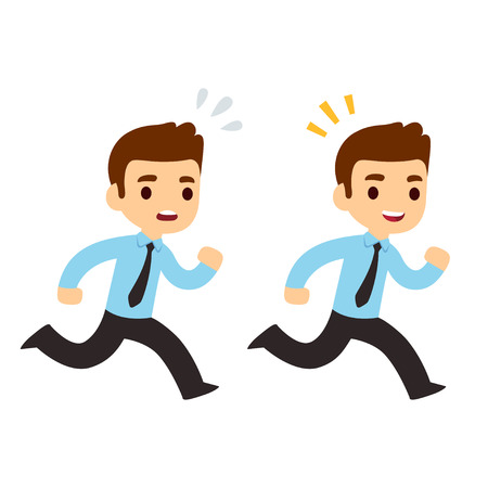 Funny cartoon running businessman illustration in modern flat vector style. Stressed, anxious and happy, successful. Business concept drawing.のイラスト素材