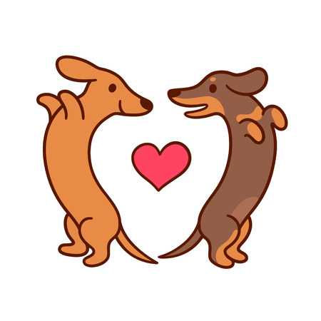 Cute cartoon dachshunds in love, adorable wiener dogs looking at each other in heart shape. St. Valentines day greeting card vector illustration.のイラスト素材