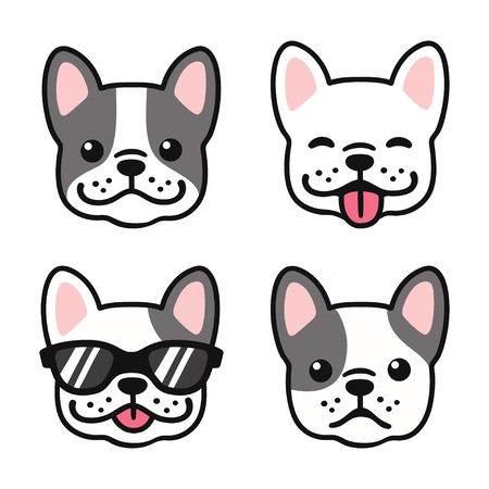 French Bulldog hand drawn cartoon face set. Cute Frenchie puppy drawing, vector illustration.のイラスト素材