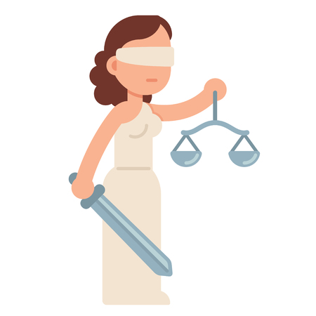 Cartoon Lady Justice, blindfolded with scales and sword. Themis, Greek goddess of law and justice. Flat style vector illustration.のイラスト素材