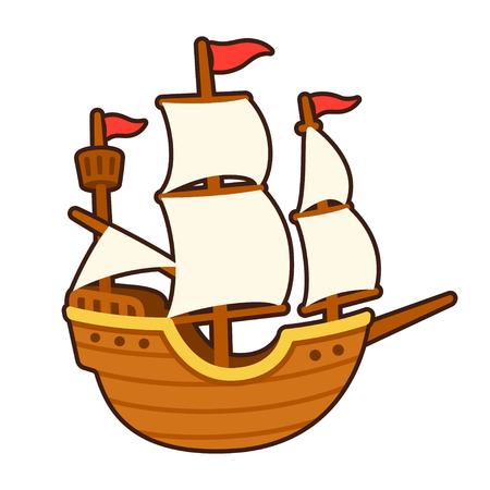 Old cartoon ship drawing with white sails. Traditional tall ship vector illustration.のイラスト素材