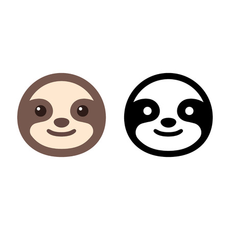 Cute cartoon sloth icon in color and black and white. Smiling sloth face, simple flat vector illustration.のイラスト素材