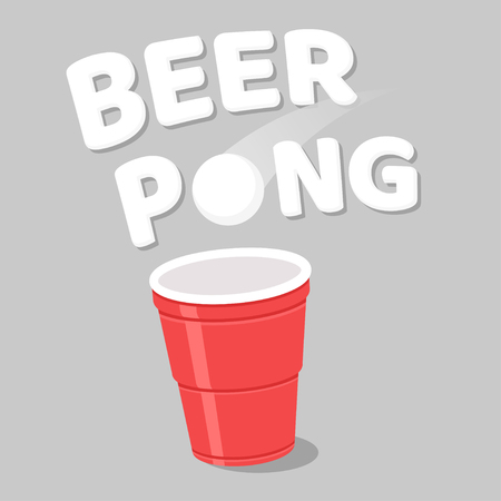 Beer Pong poster or banner with red plastic cup and ball. Traditional drinking game vector illustration.のイラスト素材
