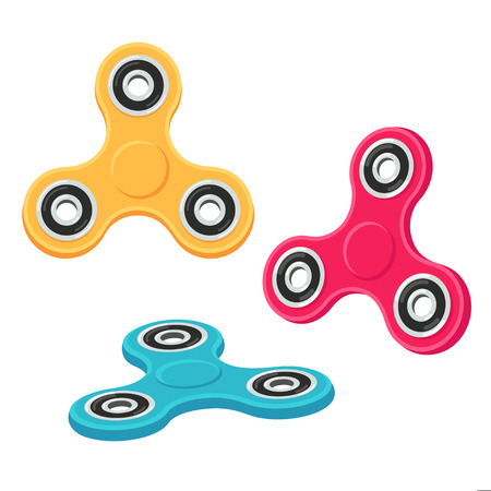 Fidget spinner set, different colors and view from different angles. Hand toy for focus and relaxation, vector illustration.のイラスト素材