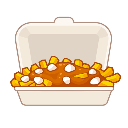 Potato french fries with gravy and cheese curds in takeaway containerのイラスト素材