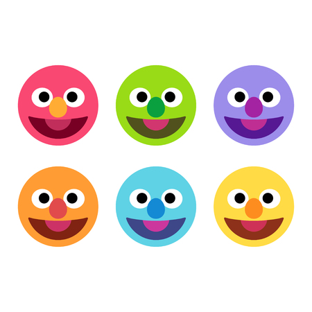 Funny cartoon faces set in different colors. Simple geometric flat style vector illustration.のイラスト素材