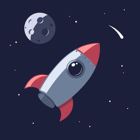 Cartoon rocket flying in space, vector illustration. Retro spaceship drawing on starry sky background.のイラスト素材