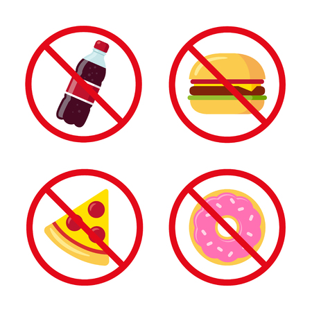 No junk food icons: sugary soda drink, burger, pizza and donut. Crossed prohibition circles on separate layer. Healthy dietary habits vector illustration.のイラスト素材