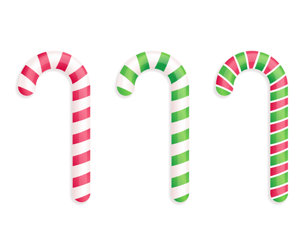 Three candy canes illustration isolated on white background. Traditional Christmas decoration, shiny vector icon.のイラスト素材