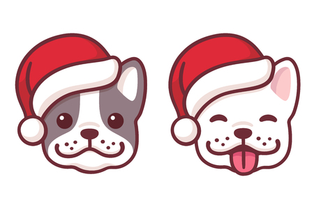 French Bulldog puppy faces in Santa hats. Cute cartoon dogs smiling and sticking out tongue. Christmas vector illustration.のイラスト素材