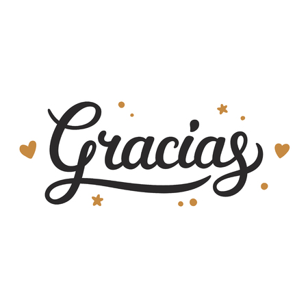 Gracias lettering, Thank you in Spanish. Cursive handwritten word with hand drawn doodle elements. Thank you note, vector illustration.のイラスト素材