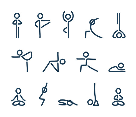 Simple stylized yoga poses icon set. Stick figures in yoga asanas, vector illustration.のイラスト素材