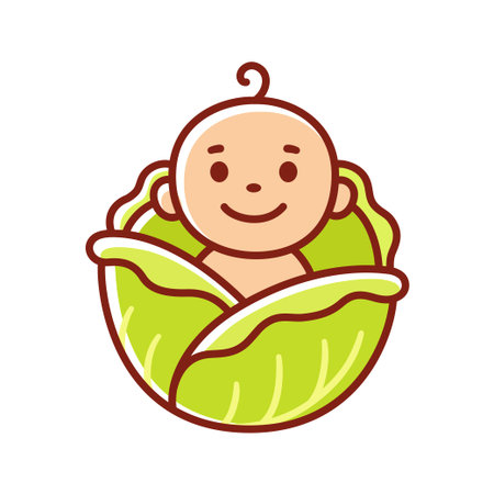 Cute cartoon baby found in cabbage patch. Funny explanation where babies come from. Vector clip art illustration.のイラスト素材