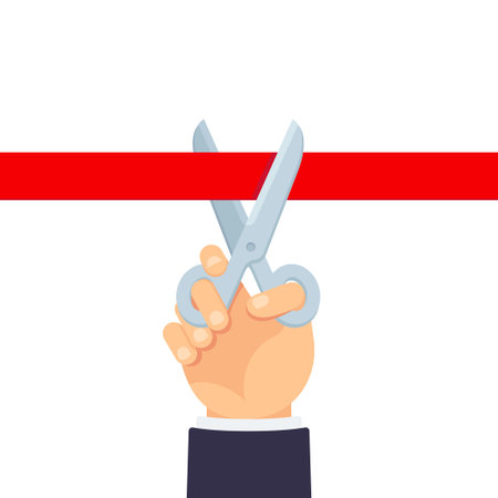 Grand opening ceremony illustration. Hand holding scissors cutting red ribbon. Simple flat cartoon vector design element.のイラスト素材