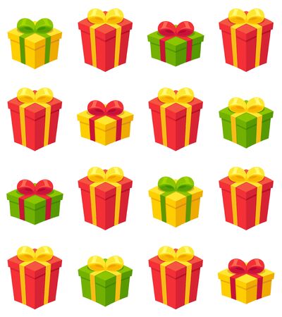 Pattern of bright cartoon gift boxes on white background. Festive holiday vector illustration.のイラスト素材