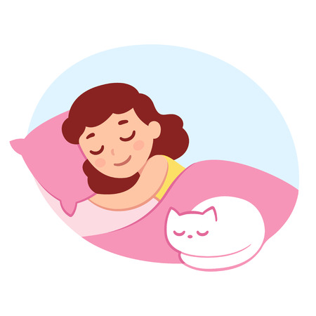 Cute cartoon sleeping girl with cat on bed. Little child, sweet dreams illustration.のイラスト素材